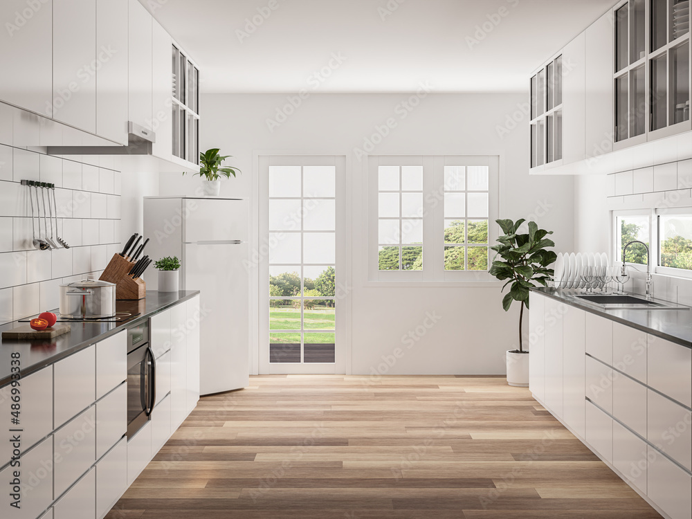Modern white kitchen with nature view 3d render,The rooms have wooden ...