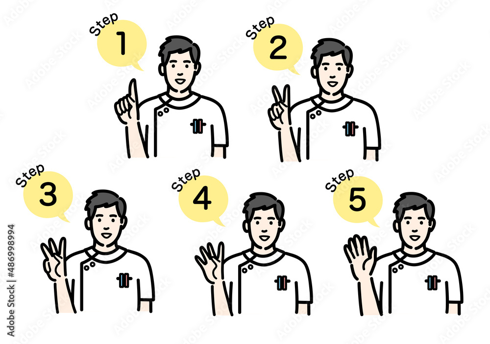 工程を説明する白衣を着た若い男性看護師のセット
