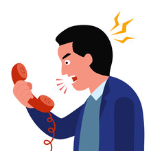Angry Man Talking On Phone In Flat Design On White Background. Customer Complaint On Phone.