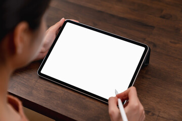 Aufkleber - Mock up of woman hand holding digital tablet and touching blank screen.