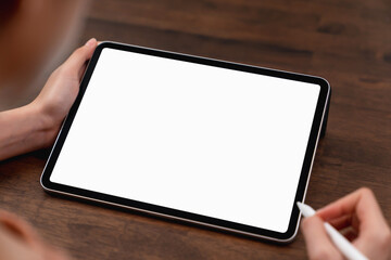 Aufkleber - Mock up of woman hand holding digital tablet and touching blank screen.