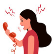 Angry woman talking on phone in flat design on white background. Customer complaint on phone.