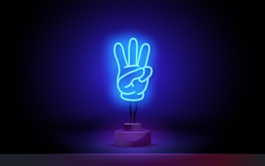 Wall Mural - Neon Hand Gesture icons. Three thumbs up, shows the number 3. Direction logo or emblem with bright neon light.
