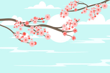 Wall Mural - cherry blossom silhouette. cherry blossoms in spring with sunrise and blue clouds background