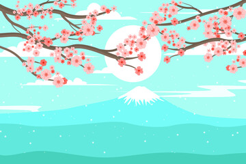 Wall Mural - cherry blossom silhouette. cherry blossoms in spring with beautiful sunrise and mount fuji in the ba