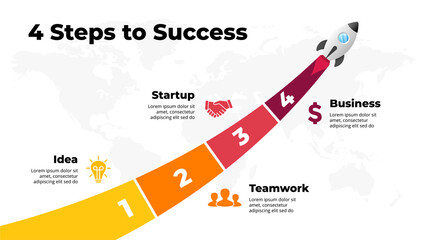 Startup vector infographic. Rocket launch. Presentation slide template. Spaceship fly. Business success diagram chart. Timeline roadmap 4 options, steps. Creative project concept. World map.