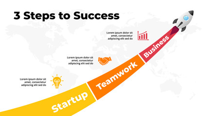 Startup vector infographic. Rocket launch. Presentation slide template. Spaceship fly. Business success diagram chart. Timeline roadmap 3 options, steps. Creative project concept. World map.