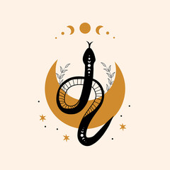 Wall Mural - Magic snake in boho style with moon. Mystical symbol in a trendy minimalist style. Esoteric vector illustration.