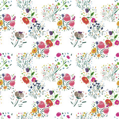  Seamless pattern with wildflowers on watercolor paper background.