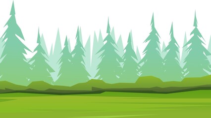 Wall Mural - forest in the fog. beautiful coniferous trees. summer rural landscape. illustration in cartoon style
