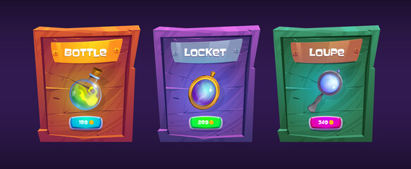 Poster - bottle, locket and loupe game interface assets, shop menu items for rpg, wooden boards, screens for 