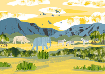 Africa. Savanna landscape with animals. Reserves and national parks outdoor. Bright hand draw vector Illustration with zebras, rhinoceros, elephant, birds, mountains, bushes and sunset