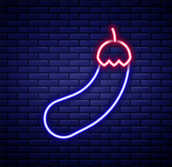 Wall Mural - Glowing neon line Eggplant icon isolated on brick wall background. Colorful outline concept. Vector