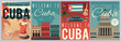 Welcome to Cuba posters set with traditional Cuban culture elements - flat vector illustration.