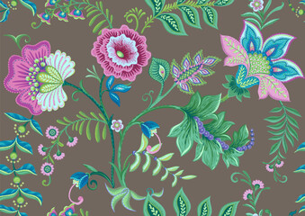 Fantasy flowers in retro, vintage, jacobean embroidery style. Seamless pattern on craft background. Vector illustration.