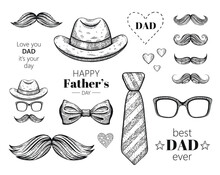 Happy Fathers Day Card With Sketch Tie, Mustache, Hat And Glasses. Vector Illustration Of Gentleman Moustaches And Bowtie In Engraving Style. Poster For Daddies Holiday