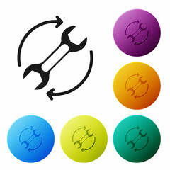 Poster - Black Wrench spanner and arrows as workflow icon isolated on white background. Adjusting, service, setting, maintenance, repair, fixing. Set icons in color circle buttons. Vector