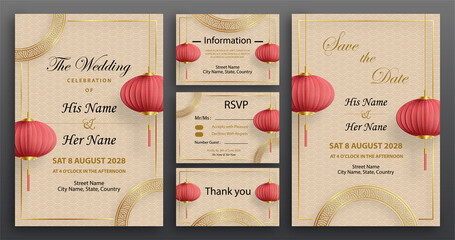 Wall Mural - Chinese oriental wedding invitation card template with oriental elements on color background