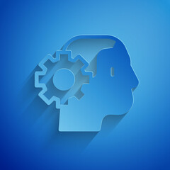Poster - Paper cut Humanoid robot icon isolated on blue background. Artificial intelligence, machine learning, cloud computing. Paper art style. Vector