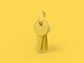 Fototapete - Yellow one color bunch of keys on a yellow flat background. Minimalistic design object. 3d rendering icon ui ux interface element.