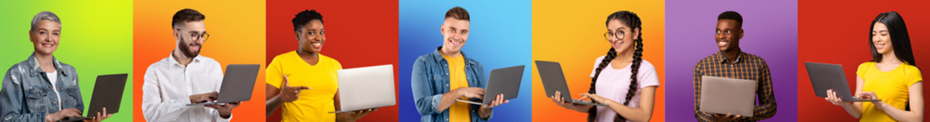 Poster - Collage With Diverse Multicultural People Using Laptops While Posing Over Colorful Backgrounds