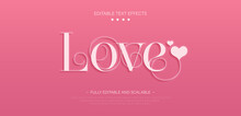 Love Text Effect. 3d Style Valentine Template Graphic. Love Text Style Editable Font Effect. Simple Cute Pink Gradient Background. Vector Illustration