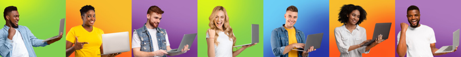 Poster - Online Sale. Portraits Of Happy Excited People With Laptops Over Colorful Backgrounds