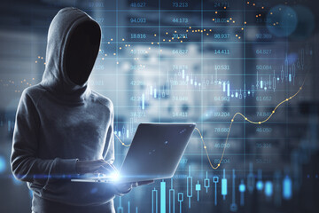 Poster - Hacker in hoodie using laptop with abstract glowing big data forex candlestick chart on blurry background. Trade, technology, investment and analysis concept. Double exposure.