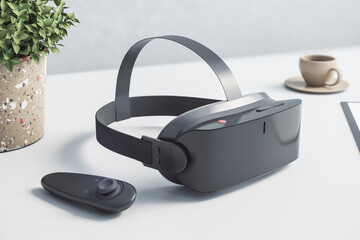 Aufkleber - Close up of VR glasses on blurry white office desktop with plant and coffee cup. Augmented reality and technology concept. 3D Rendering.