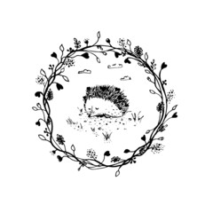 Hedgehog and floral wreath. Black and white color animal in a frame with flowers and hearts. Logo.