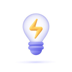 Poster - Light bulb with lightning symbol. Electricity and energy. 3d vector icon. Cartoon minimal style.