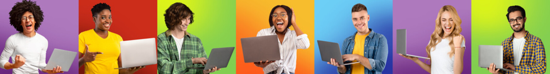 Poster - Online Lottery. Excited Multiethnic People With Laptops Posing Over Colorful Backgrounds