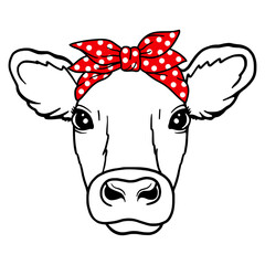 Cow head with red bandana with polka dots print. Farm Animal. Vector illustration isolated on white background. 