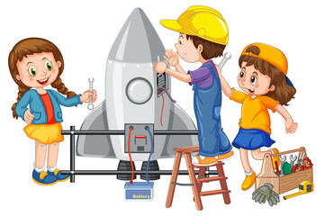 Wall Mural - children fixing a rocket together on white background
