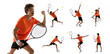 Portraits of young man, professional tennis player in orange uniform training isolated on white studio background. Collage