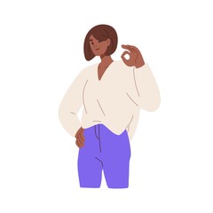 Aufkleber - Person showing OK sign with hand. Happy satisfied woman gesturing all right, okay with fingers, approving smth. Positive winking businesswoman. Flat vector illustration isolated on white background