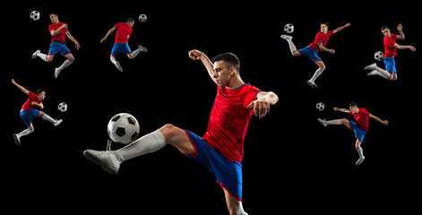 Wall Mural - Collage. Portraits of professional football player in red uniform training, posing isolated over black background