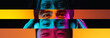 Collage. Portraits of human eyes of young people, men and oeman, placed in narrow stripes isolated over multicolored neon backgrounds.