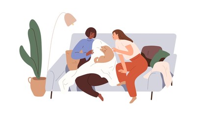 Wall Mural - Couple of women relaxing with cat at home, sitting on sofa. Female friends resting with kitty on couch. Girlfriends spending time with pet. Flat vector illustration isolated on white background