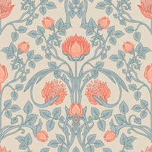 Floral Vintage Seamless Pattern For Retro Wallpapers. Enchanted Vintage Flowers. Arts And Crafts Movement Inspired. Design For Wrapping Paper, Wallpaper, Fabrics And Fashion Clothes.