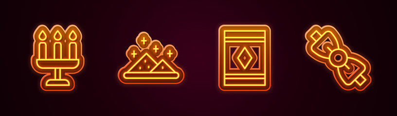 Wall Mural - Set line Candlestick, Magic powder, carpet and Bow tie. Glowing neon icon. Vector