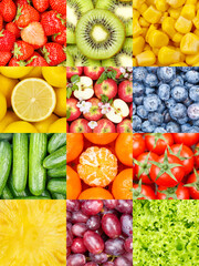 Wall Mural - Collection of fruits and vegetables fruit collage background with berries apples carrots and grapes