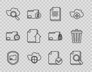 Sticker - Set line Document folder protection, with search, Cloud and shield, Search cloud computing, Upload file document, check mark and Trash can icon. Vector