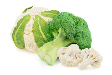 Wall Mural - Composition with fresh whole cauliflower with broccoli isolated on a white background.