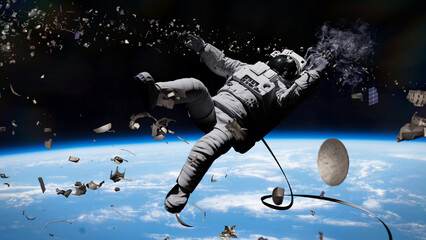 Canvas Print - astronaut in danger, flying space debris damaging helmet and suit