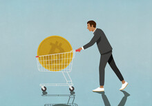 Businessman Pushing Shopping Cart With Large Bitcoin
