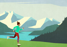 Carefree Woman Jogging In Idyllic Mountain Meadow
