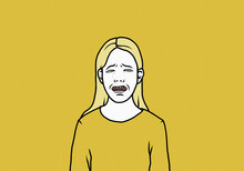 Portrait Sad Woman Crying With Eyes Closed On Yellow Background
