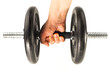 © Lightly Stranded - Hand with dumbbell isolated on a white background. Lifting weights. Exercise and strength.