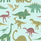 Fototapeta Dinusie - Print. Vector seamless background with dinosaurs. Cartoon dinosaurs. Pattern with cartoon dinosaurs. Children's fabric. Wallpaper for boys.